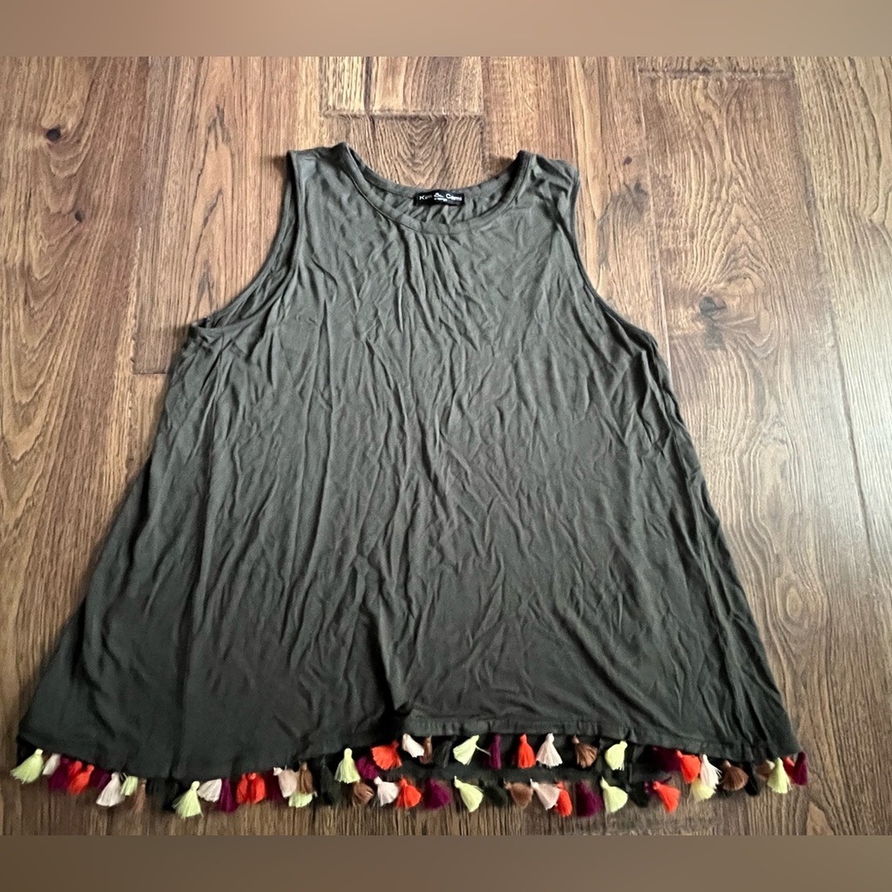 Kim & Cami Green Tank Top with Multi Color Tassels XL